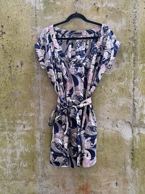 Sisley Floral Midi Dress with Belt, Navy / Gray / Pink, Large